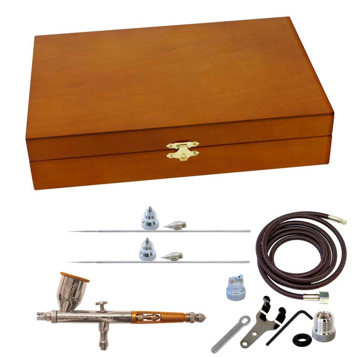 Gravity Feed Set in Wood Case w/ .25, .38 & .66mm heads & 1/8"BSP Adapter
